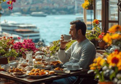 Midcent presenterar en avkopplande frukostupplevelse med panoramautsikt över en vacker sjö och färgglada blommor. Perfekt för en avslappnad morgon med god mat och en kopp kaffe.Kategori: Mat