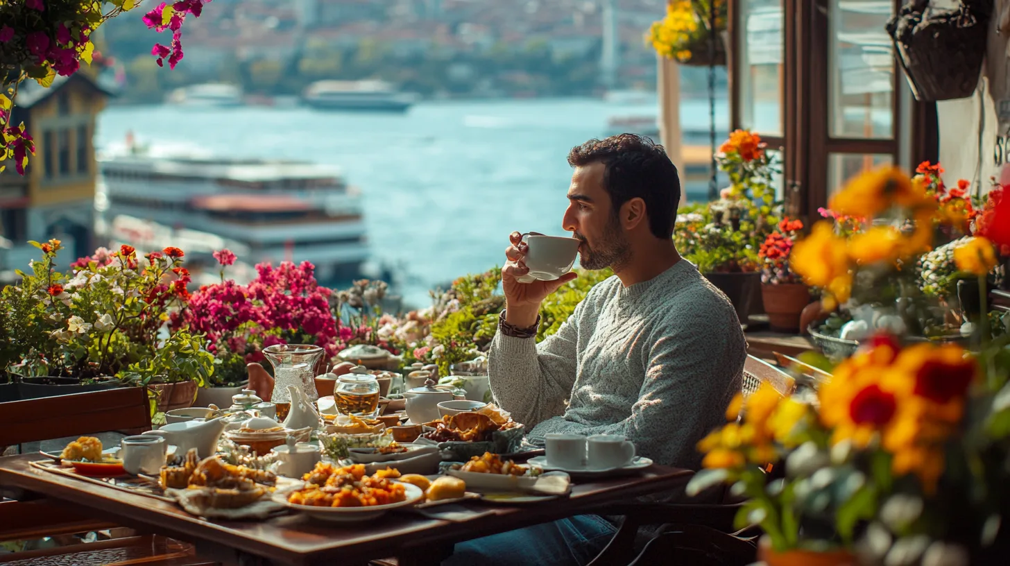 Midcent presenterar en avkopplande frukostupplevelse med panoramautsikt över en vacker sjö och färgglada blommor. Perfekt för en avslappnad morgon med god mat och en kopp kaffe.Kategori: Mat