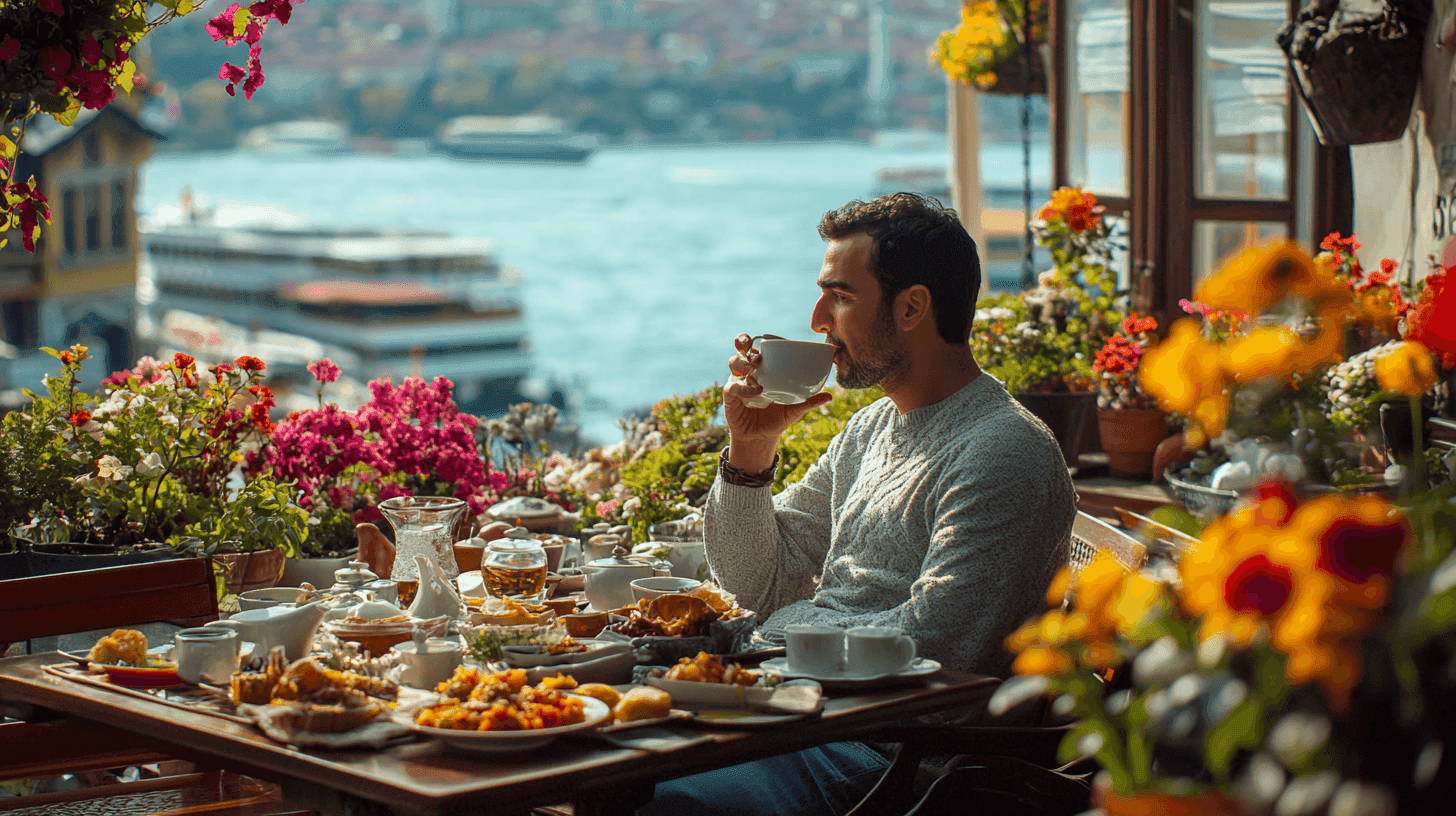 Midcent presenterar en avkopplande frukostupplevelse med panoramautsikt över en vacker sjö och färgglada blommor. Perfekt för en avslappnad morgon med god mat och en kopp kaffe.Kategori: Mat