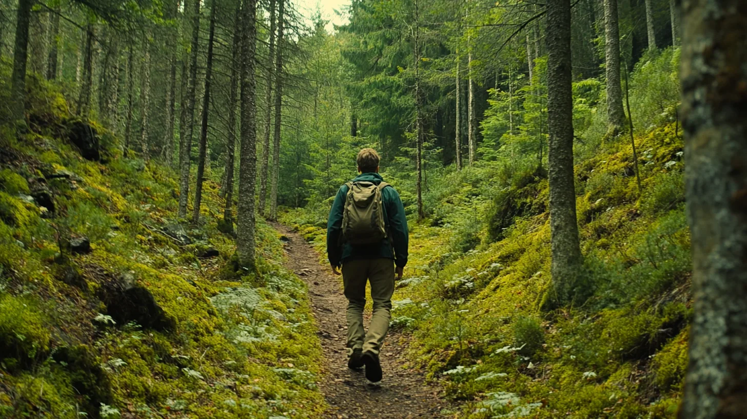 Person vandrar genom en frodig skog med ryggsäck bland grönska, lugn och friluftsliv. Perfekt för naturälskare som söker äventyr och avkoppling i det fria. Inspirerar till utflykter och vandring.Midcent Resa.