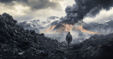 Midcent. En äventyrare vandrar mot en aktiv vulkan i ett dramatiskt landskap. Rök och lava skapar en fascinerande men farlig vy. Utforska naturens krafter. Kategori: Resa.