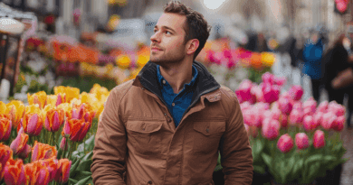 Midcent - En man i centrum av en färgglad blomsterhandel, omgiven av sprakande tulpaner, njuter av en lugn stadsupplevelse. Perfekt för den som älskar blommor och stadsliv. Kategori: Resa.