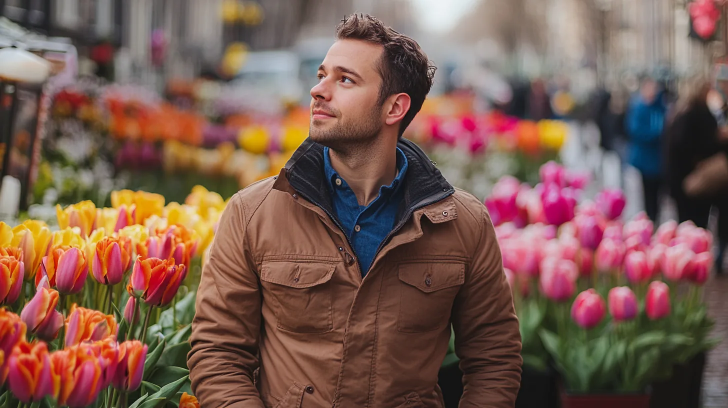 Midcent - En man i centrum av en färgglad blomsterhandel, omgiven av sprakande tulpaner, njuter av en lugn stadsupplevelse. Perfekt för den som älskar blommor och stadsliv. Kategori: Resa.