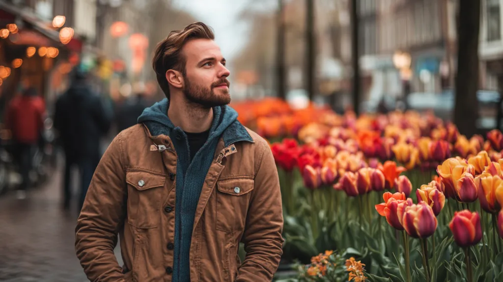 I bilden ser vi Midcent, en man som promenerar längs en livlig gata omgiven av färgglada tulpaner. Atmosfären är fridfull och stadsmiljön skapar en harmonisk inramning. Kategori: Resa.