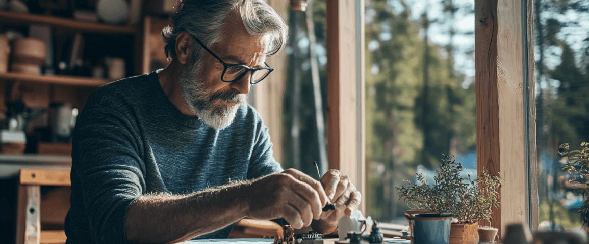 Man vid träbord skapar miniatyrmodeller i naturligt ljus. Kreativt hantverk som utstrålar fokus och koncentration, omgiven av naturskön utsikt och grönska. Perfekt inspiration för hobbyister och handarbetesälskare. Midcent - Underhållning.