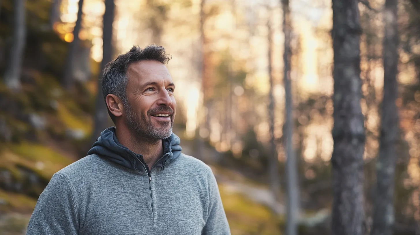 Midcent: Vuxen man njuter av en fridfull promenad i skogen, omgiven av höstens gyllene nyanser. Hans avslappnade uttryck speglar glädje och naturlig harmoni, vilket förmedlar en känsla av lugn och friskhet. Kategori: Hälsa.