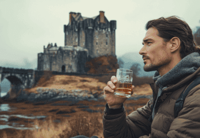 Midcent: En man vid ett historiskt slott håller ett glas whisky i skotsk natur. Perfekt för resenärer som söker autentiska upplevelser och kultur. Resa.