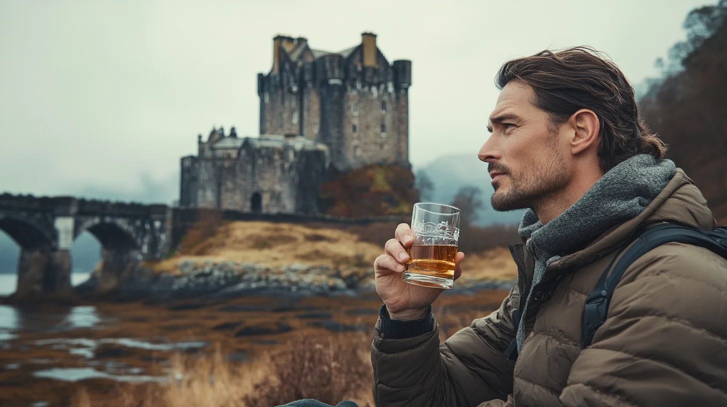 Midcent: En man vid ett historiskt slott håller ett glas whisky i skotsk natur. Perfekt för resenärer som söker autentiska upplevelser och kultur. Resa.