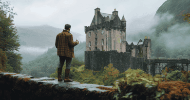 En man i lantlig miljö betraktar ett gammalt slott omgiven av dimmiga berg och frodig skog i ett naturskönt landskap. Midcent: Resa.