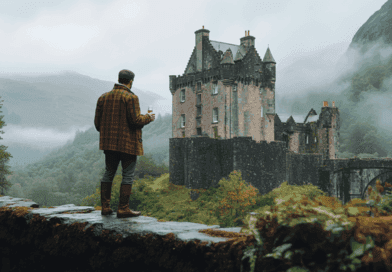 En man i lantlig miljö betraktar ett gammalt slott omgiven av dimmiga berg och frodig skog i ett naturskönt landskap. Midcent: Resa.