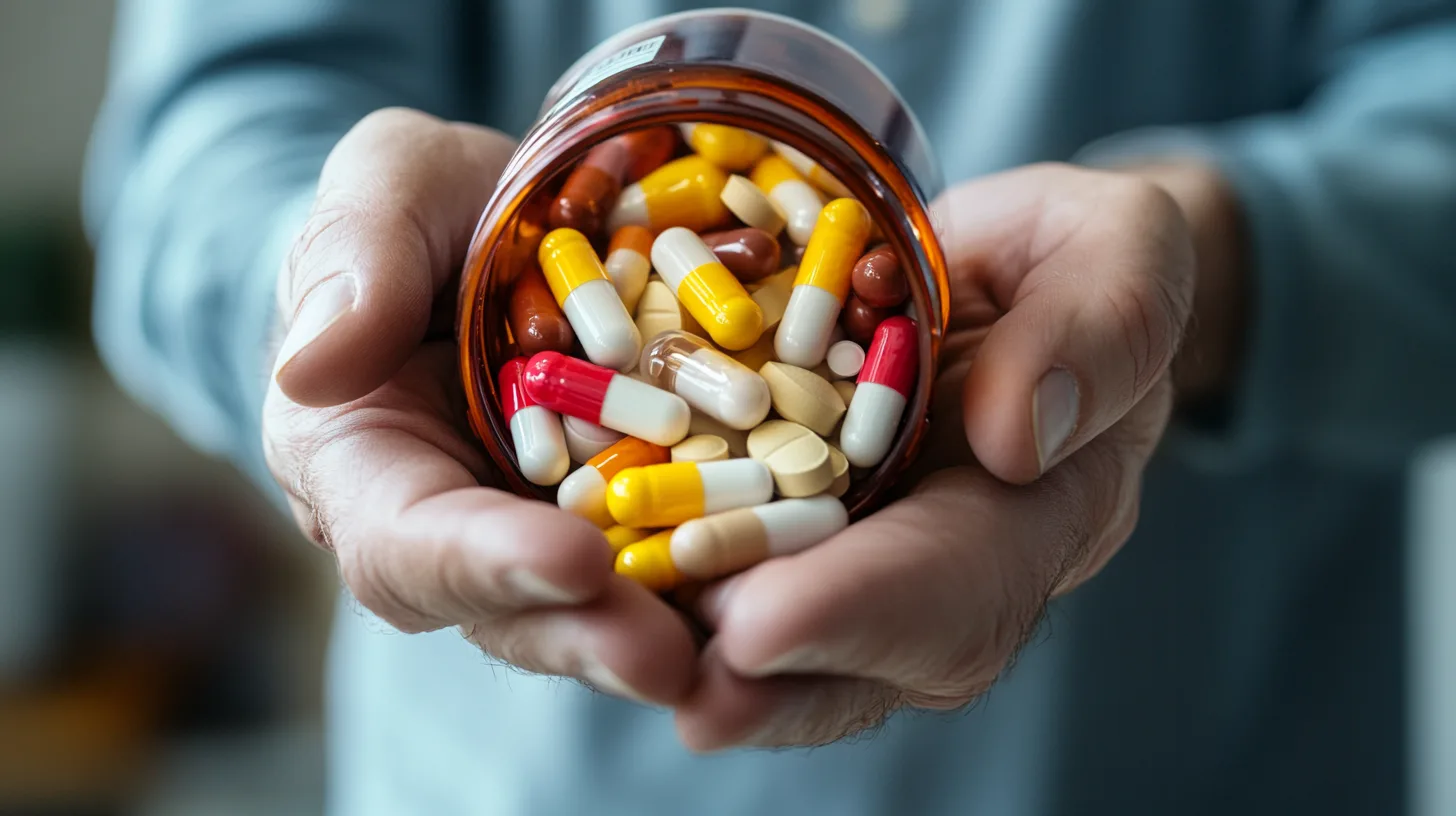 Midcent: En närbild på en hand som håller en burk fylld med mångfärgade kapslar och tabletter. Bilden belyser vikten av läkemedel och hälsa, perfekt för artiklar om kosttillskott och medicinsk information. Kategori: Hälsa.