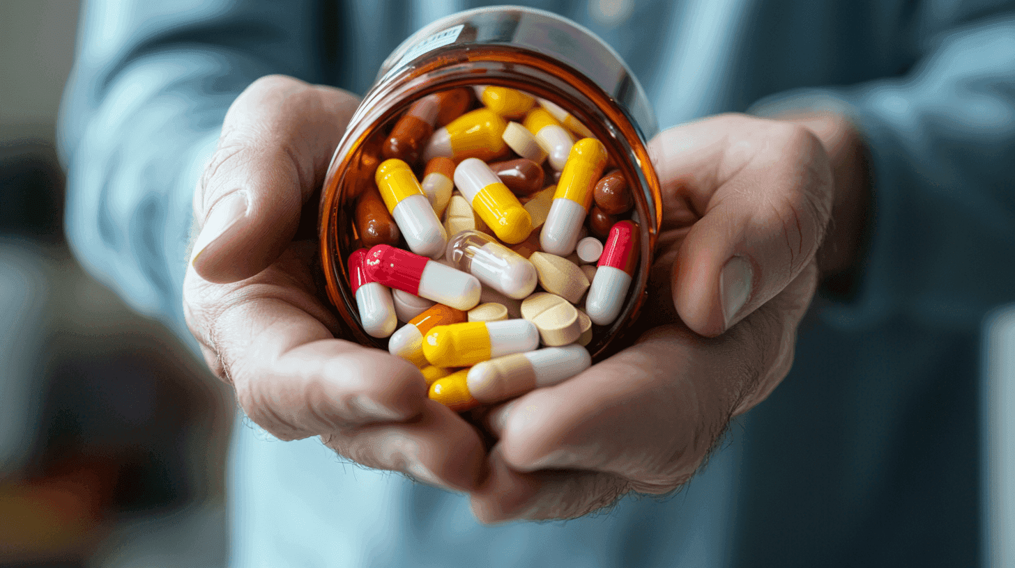 Midcent: En närbild på en hand som håller en burk fylld med mångfärgade kapslar och tabletter. Bilden belyser vikten av läkemedel och hälsa, perfekt för artiklar om kosttillskott och medicinsk information. Kategori: Hälsa.