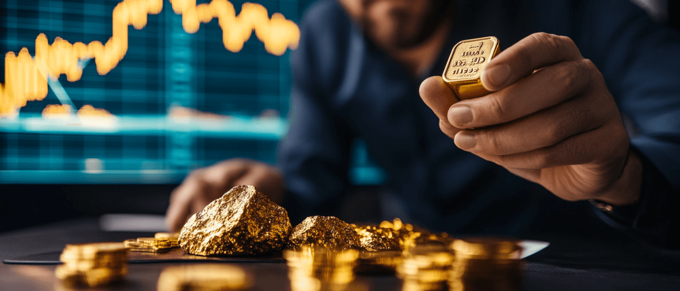 Midcent: En man betraktar guldmynt och en guldtacka framför en uppåtgående finansgraf på en skärm. Investering och guldmarknad symboliseras tydligt. Kategori: Ekonomi.