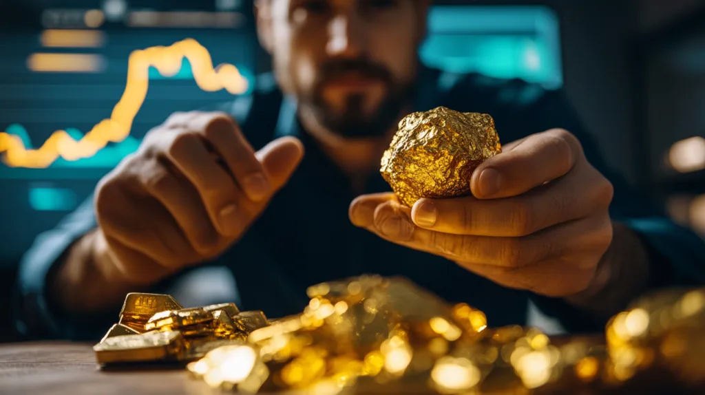 Midcent Ekonomi: Bild av en investerare som håller en guldtacka, omgiven av värdefulla guldföremål med en finansgraf i bakgrunden, symboliserar strategiska ekonomiska beslut och investeringar i ädelmetaller. Perfekt för artiklar om guldmarknaden och ekonomisk plan