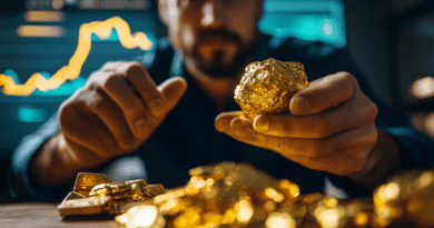 Midcent Ekonomi: Bild av en investerare som håller en guldtacka, omgiven av värdefulla guldföremål med en finansgraf i bakgrunden, symboliserar strategiska ekonomiska beslut och investeringar i ädelmetaller. Perfekt för artiklar om guldmarknaden och ekonomisk plan