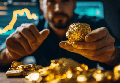 Midcent Ekonomi: Bild av en investerare som håller en guldtacka, omgiven av värdefulla guldföremål med en finansgraf i bakgrunden, symboliserar strategiska ekonomiska beslut och investeringar i ädelmetaller. Perfekt för artiklar om guldmarknaden och ekonomisk plan