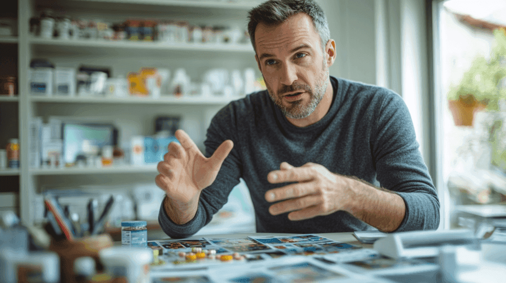 Midcent presenterar en engagerad person i arbetsmiljö, omgiven av medicinflaskor och bilder, vilket indikerar analytisk diskussion inom hälsa. Fokus på kreativ problemlösning och innovation i modern vårdpraxis. Kategori: Hälsa.