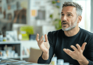 Midcent: En man gestikulerar engagerat under ett samtal vid ett bord fyllt med dokument och flaskor, vilket indikerar en produktiv diskussion eller presentation i en ljus arbetsmiljö. Kategori: Samhälle.