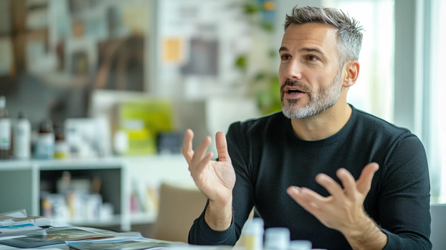 Midcent: En man gestikulerar engagerat under ett samtal vid ett bord fyllt med dokument och flaskor, vilket indikerar en produktiv diskussion eller presentation i en ljus arbetsmiljö. Kategori: Samhälle.