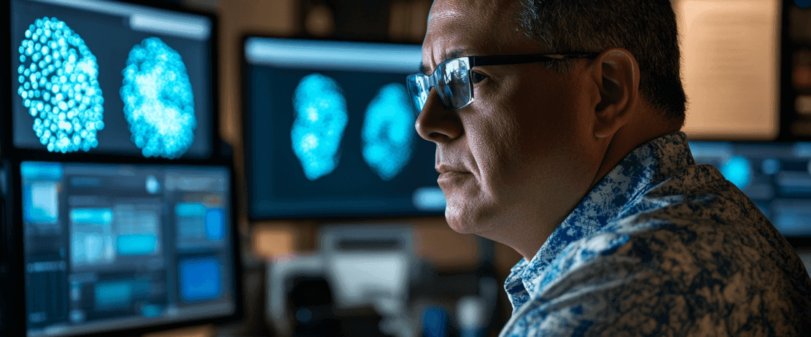 Midcent: Teknik. Datorexpert fokuserad på avancerad bildanalys med flera skärmar. Använder programvara för visualisering av data för att skapa insikter och innovationer. Den här arbetsmiljön representerar framtidens digitala forskning och teknisk utveckling.