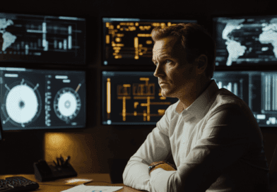 Midcent: En professionell person fokuserar intensivt på sex stora datorskärmar fyllda med grafer och statistik, vilket indikerar strategiskt tänkande inom dataanalys och beslutsfattande. Passande kategori: Teknik.