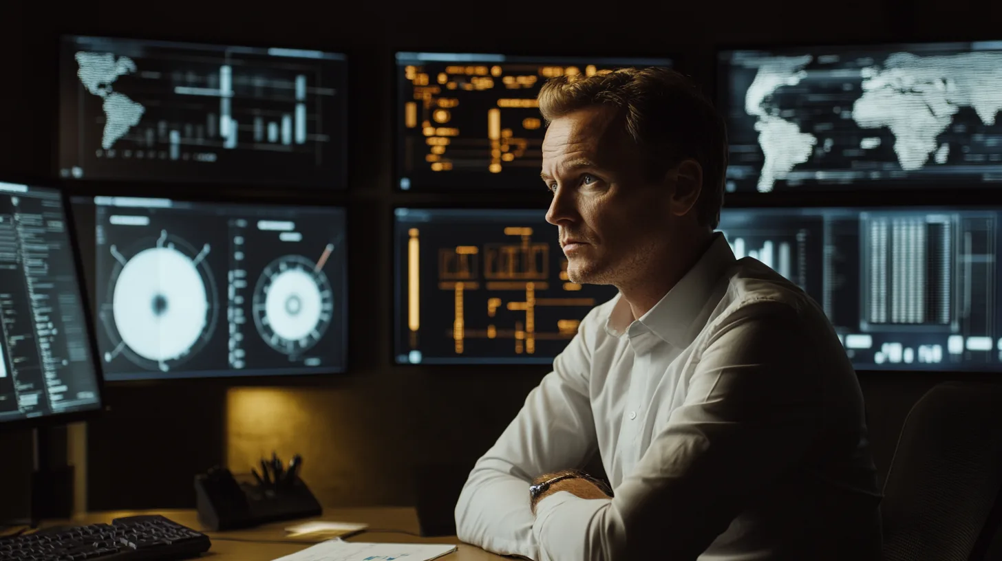 Midcent: En professionell person fokuserar intensivt på sex stora datorskärmar fyllda med grafer och statistik, vilket indikerar strategiskt tänkande inom dataanalys och beslutsfattande. Passande kategori: Teknik.