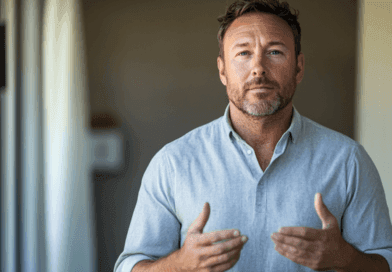 Midcent: En självsäker man i en formell miljö bär en ljusgrå skjorta och gestikulerar medan han talar. Perfekt för artiklar om ledarskap och kommunikation. Kategori: Samhälle.