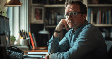 Midcent: En tänkande man i glasögon, sittande vid ett skrivbord, omgiven av böcker och teknologi. Perfekt belysning och en fokuserad atmosfär.Kategori: Samhälle.