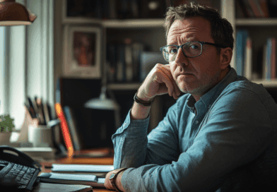 Midcent: En tänkande man i glasögon, sittande vid ett skrivbord, omgiven av böcker och teknologi. Perfekt belysning och en fokuserad atmosfär.Kategori: Samhälle.