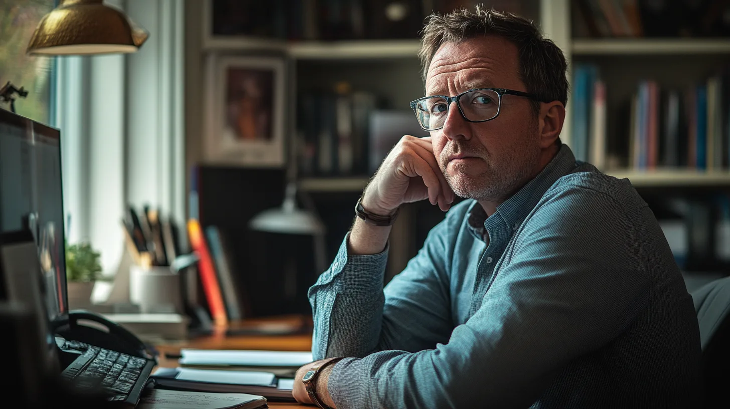 Midcent: En tänkande man i glasögon, sittande vid ett skrivbord, omgiven av böcker och teknologi. Perfekt belysning och en fokuserad atmosfär.Kategori: Samhälle.