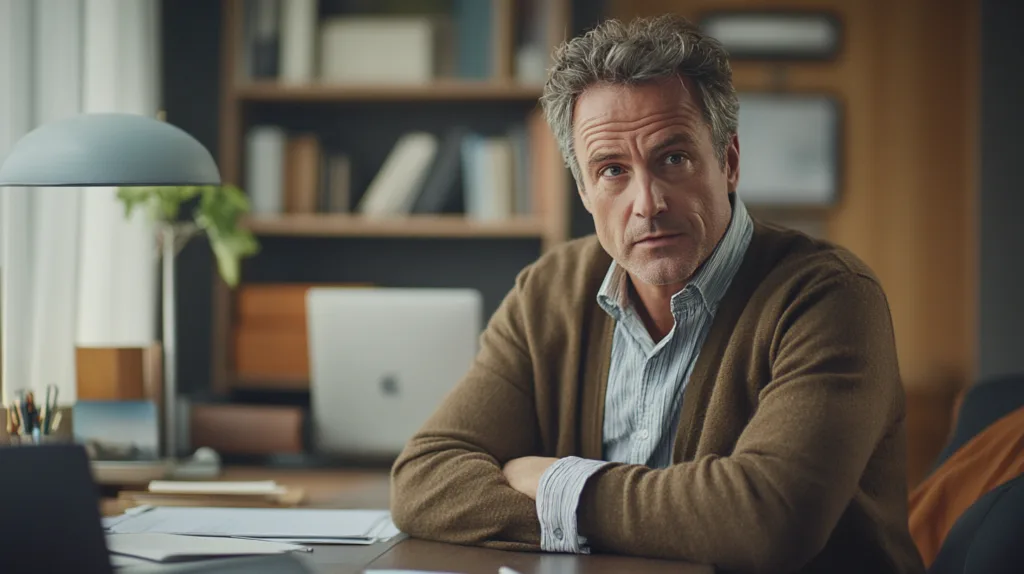 Mörkhårig man i ett hemtrevligt kontor, med avslappnad arbetsmiljö och fokus i blicken. Perfekt belysning och modernt skrivbord kompletterar scenen. Midcent. Kategori: Samhälle.