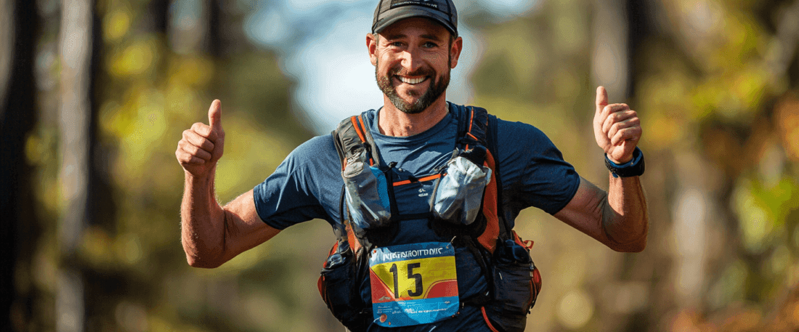 En glad man klädd i löparutrustning deltar i ett maratonlopp. Han visar tummen upp och ser energisk ut under loppet i en naturskön miljö. Midcent - Sport.