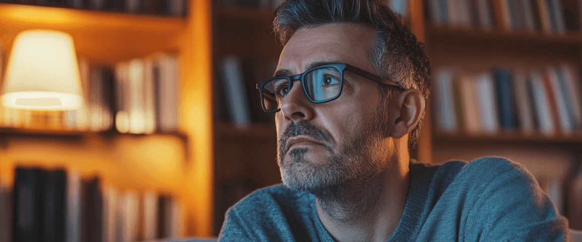 En man med glasögon ser tankfullt åt sidan i ett varmt upplyst bibliotek, omgiven av böcker. En känsla av introspektion och lugn genomsyrar scenen. Midcent Samhälle.