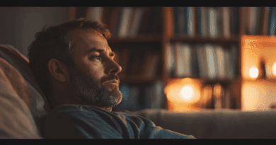 Midcent - En man sitter avslappnat i en hemtrevlig miljö med böcker i bakgrunden, symboliserande reflektion och lugn. Belysningen skapar en varm atmosfär i det privata utrymmet. Kategori: Samhälle.