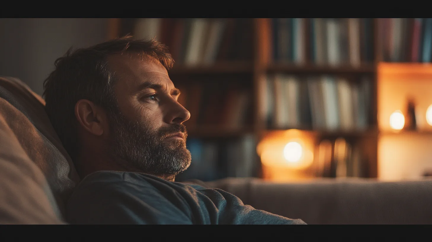 Midcent - En man sitter avslappnat i en hemtrevlig miljö med böcker i bakgrunden, symboliserande reflektion och lugn. Belysningen skapar en varm atmosfär i det privata utrymmet. Kategori: Samhälle.