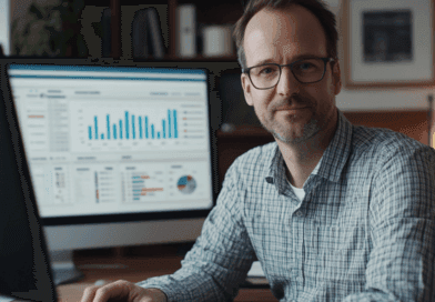 Midcent: Affärsanalytiker vid datorn i ett modernt kontor, analyserar data med hjälp av avancerade verktyg. Fokus på statistik och företagsstrategier med stilren inredning. Perfekt för inblick i ekonomiska strategier och datadrivna beslut. Kategori: Ekonomi.