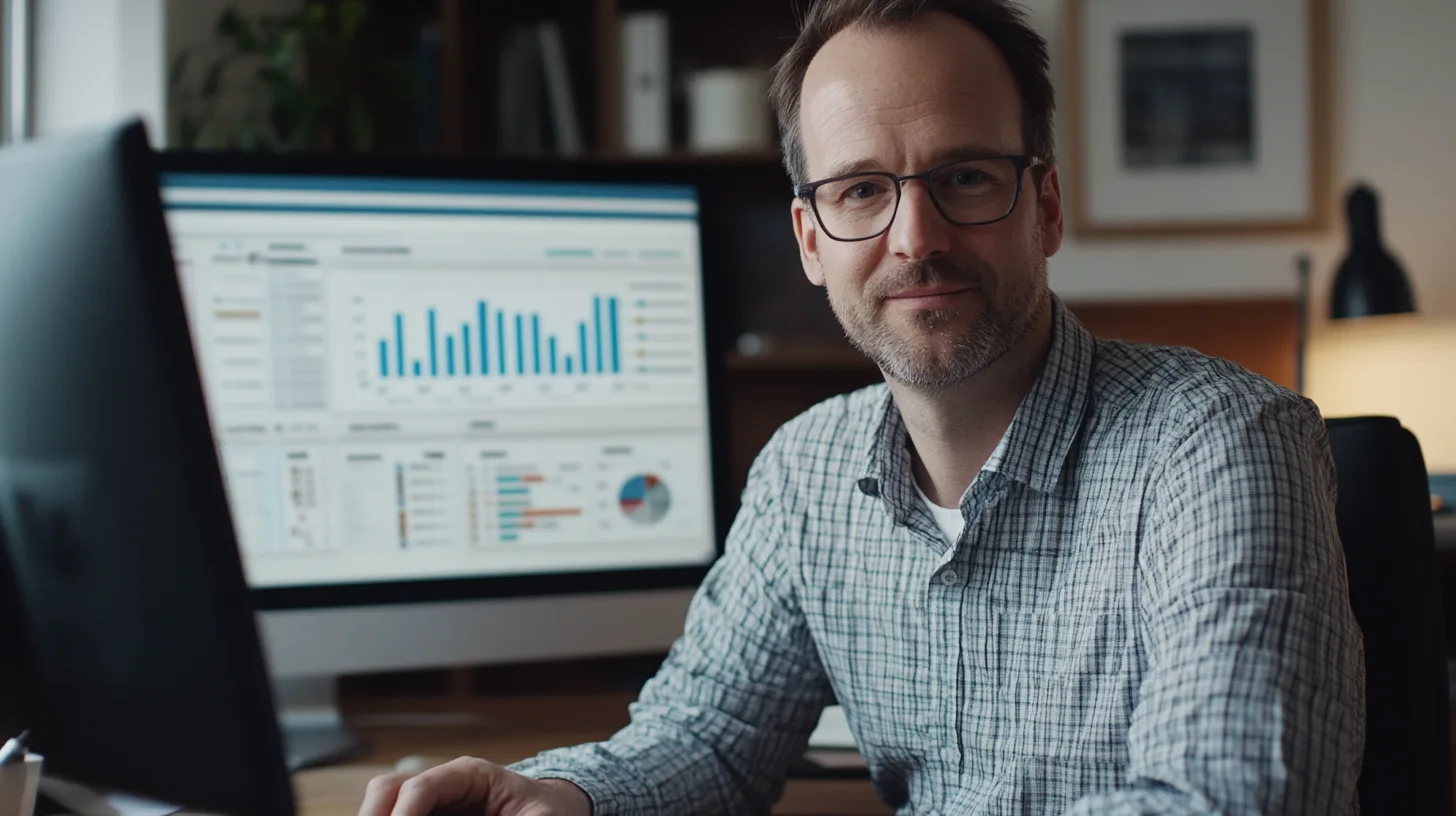 Midcent: Affärsanalytiker vid datorn i ett modernt kontor, analyserar data med hjälp av avancerade verktyg. Fokus på statistik och företagsstrategier med stilren inredning. Perfekt för inblick i ekonomiska strategier och datadrivna beslut. Kategori: Ekonomi.