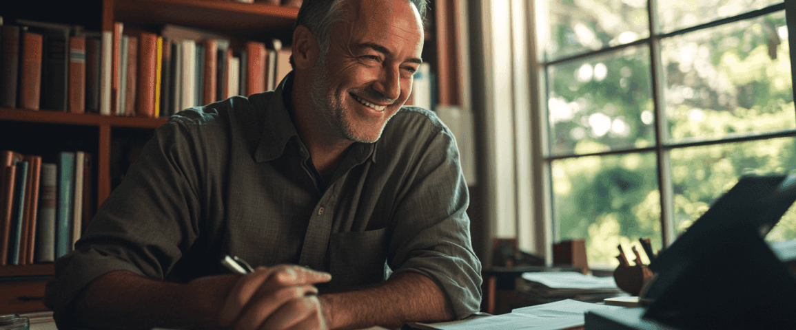 Titel: Midcent - SamhälleBeskrivning: En leende man sitter vid ett skrivbord med böcker i bakgrunden, badande i naturligt ljus från ett stort fönster. Perfekt för artiklar om arbetsmiljö och produktivitet. Kategorin är Samhälle.