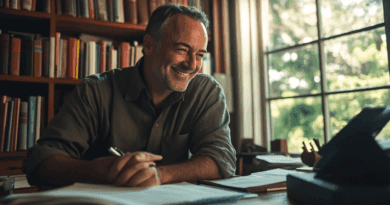 Titel: Midcent - SamhälleBeskrivning: En leende man sitter vid ett skrivbord med böcker i bakgrunden, badande i naturligt ljus från ett stort fönster. Perfekt för artiklar om arbetsmiljö och produktivitet. Kategorin är Samhälle.