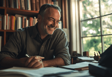 Titel: Midcent - SamhälleBeskrivning: En leende man sitter vid ett skrivbord med böcker i bakgrunden, badande i naturligt ljus från ett stort fönster. Perfekt för artiklar om arbetsmiljö och produktivitet. Kategorin är Samhälle.