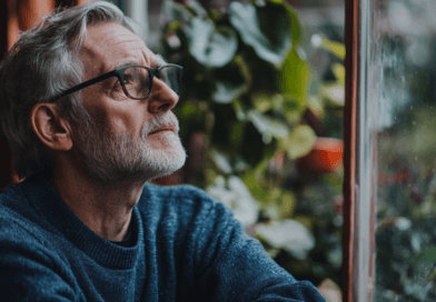 Midcent porträtterar en äldre man som eftertänksamt blickar ut genom ett fönster, omgiven av grönska. Den lugna atmosfären förmedlar stillhet och reflektion. Perfekt för kontextuellt innehåll inom personlig utveckling och mindfulness. Kategori: Samhälle.