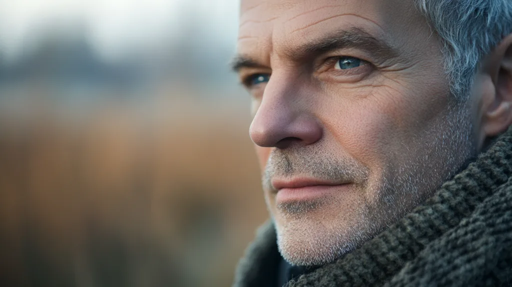 Porträtt av en medelålders man med grå hår och djupa rynkor som bär en varm halsduk. Bilden fångar en lugn utomhusmiljö med mjukt ljus som framhäver ansiktsdetaljer. Perfekt exempel på manligt åldrande.Mid