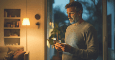 Midcent – En man står i ett mysigt vardagsrum och tittar på sin telefon. Den varma belysningen skapar en avslappnad stämning. Perfekt för bloggar om teknik och hemteknologi.Kategori: Teknik.