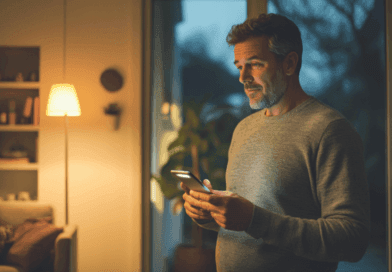 Midcent – En man står i ett mysigt vardagsrum och tittar på sin telefon. Den varma belysningen skapar en avslappnad stämning. Perfekt för bloggar om teknik och hemteknologi.Kategori: Teknik.