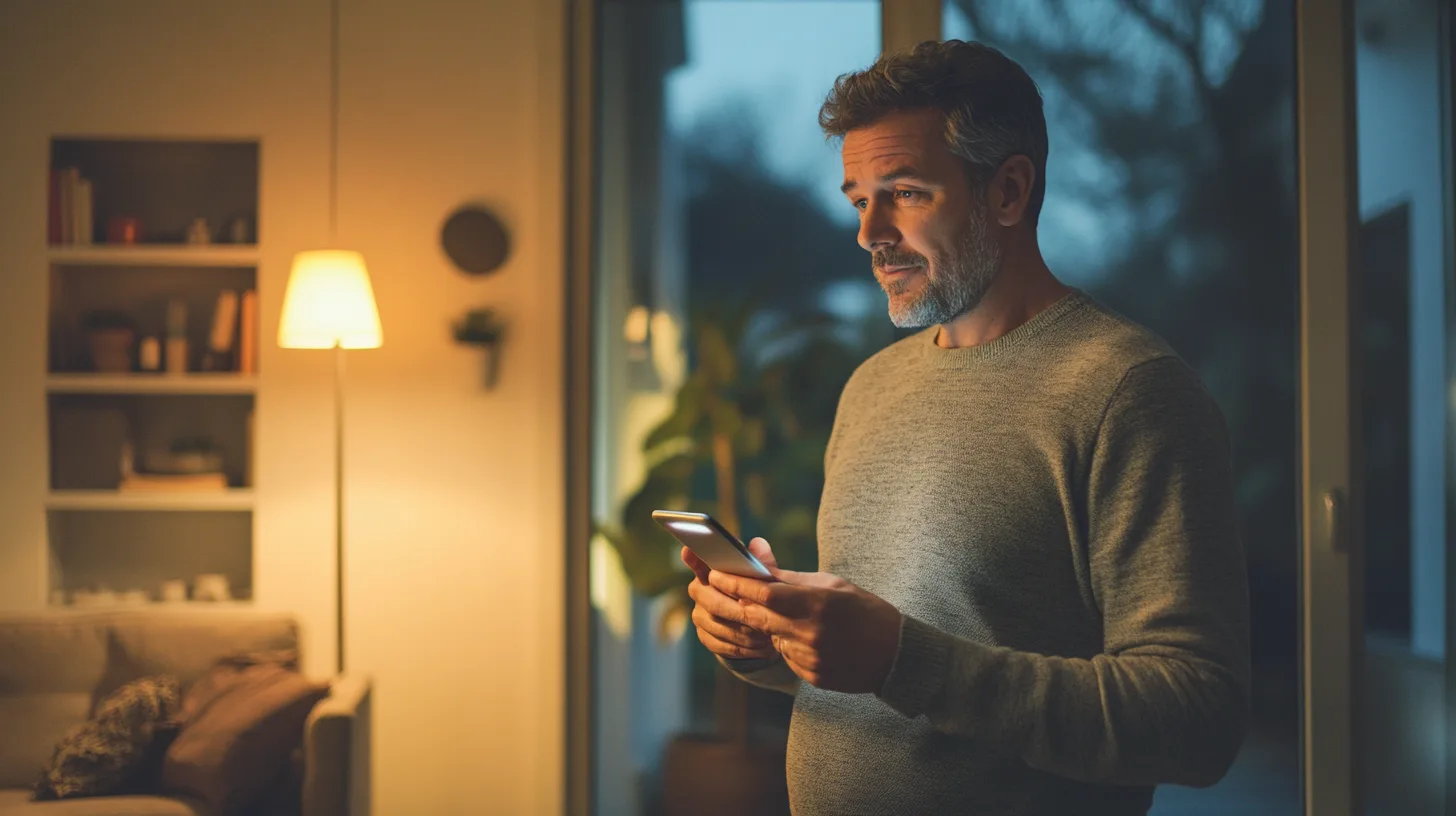 Midcent – En man står i ett mysigt vardagsrum och tittar på sin telefon. Den varma belysningen skapar en avslappnad stämning. Perfekt för bloggar om teknik och hemteknologi.Kategori: Teknik.