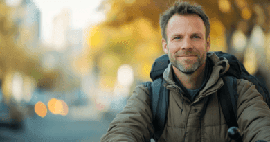 En manlig cyklist klädd i höstjacka och ryggsäck ler mot kameran på en stadsgata med suddig bakgrund. Bilden förmedlar rörelse och frihet. Perfekt för artiklar om hälsosam livsstil och urban pendling. Midcent Resa.