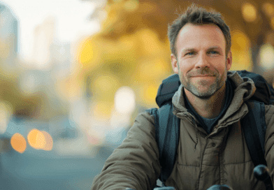 En manlig cyklist klädd i höstjacka och ryggsäck ler mot kameran på en stadsgata med suddig bakgrund. Bilden förmedlar rörelse och frihet. Perfekt för artiklar om hälsosam livsstil och urban pendling. Midcent Resa.