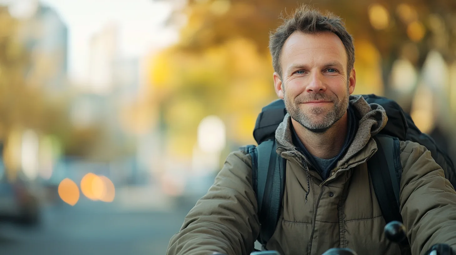 En manlig cyklist klädd i höstjacka och ryggsäck ler mot kameran på en stadsgata med suddig bakgrund. Bilden förmedlar rörelse och frihet. Perfekt för artiklar om hälsosam livsstil och urban pendling. Midcent Resa.
