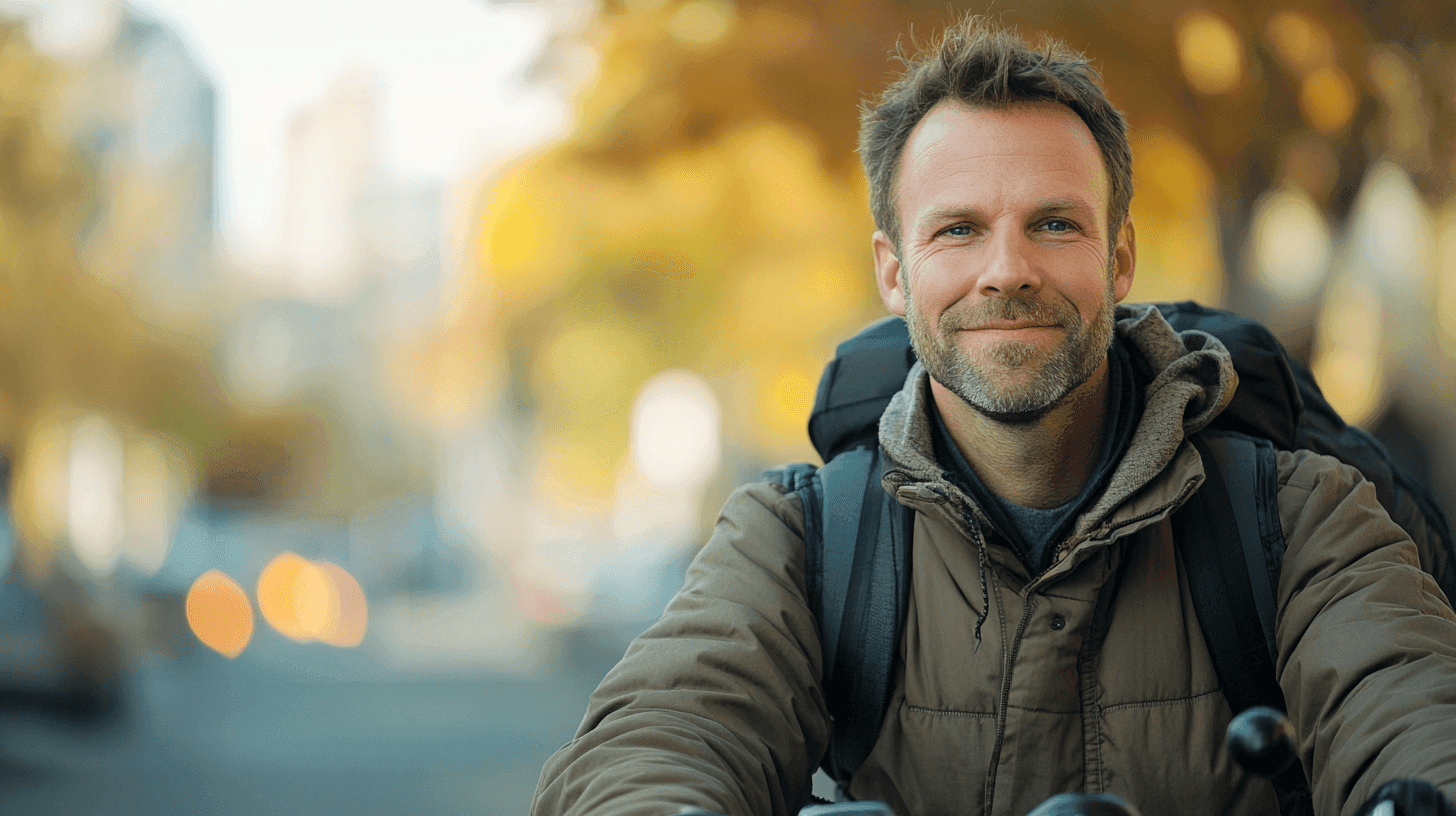 En manlig cyklist klädd i höstjacka och ryggsäck ler mot kameran på en stadsgata med suddig bakgrund. Bilden förmedlar rörelse och frihet. Perfekt för artiklar om hälsosam livsstil och urban pendling. Midcent Resa.
