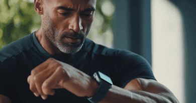 Midcent presenterar en person som fokuserar på sin smartklocka, vilket symboliserar modern teknik och hälsa. Denna bild fångar en aktiv livsstil och användningen av digitala lösningar för att övervaka personligt välbefinnande. Kategori: Hälsa.